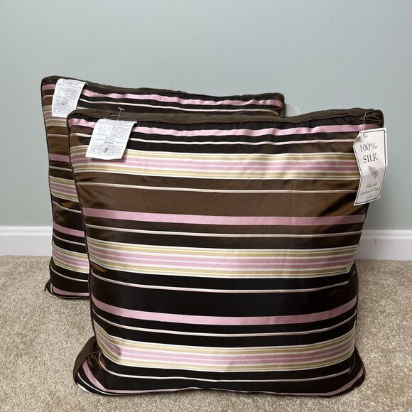 2 100% Silk Striped Throw Pillows Cushions Feather & Down Inserts 18x18 NWT Read - Picture 1 of 14